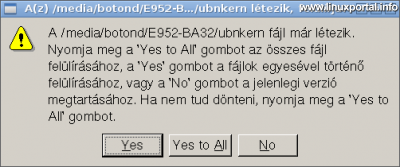 UNetbootin - Fájlok felülírásának jóváhagyása