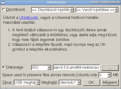 UNetbootin - Meghajtó kiválasztása